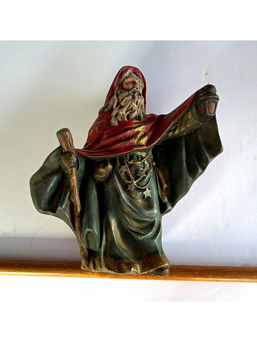 Jesus Figurine Bearded w/ Staff & Lantern Red Hooded Cloak Green Robe